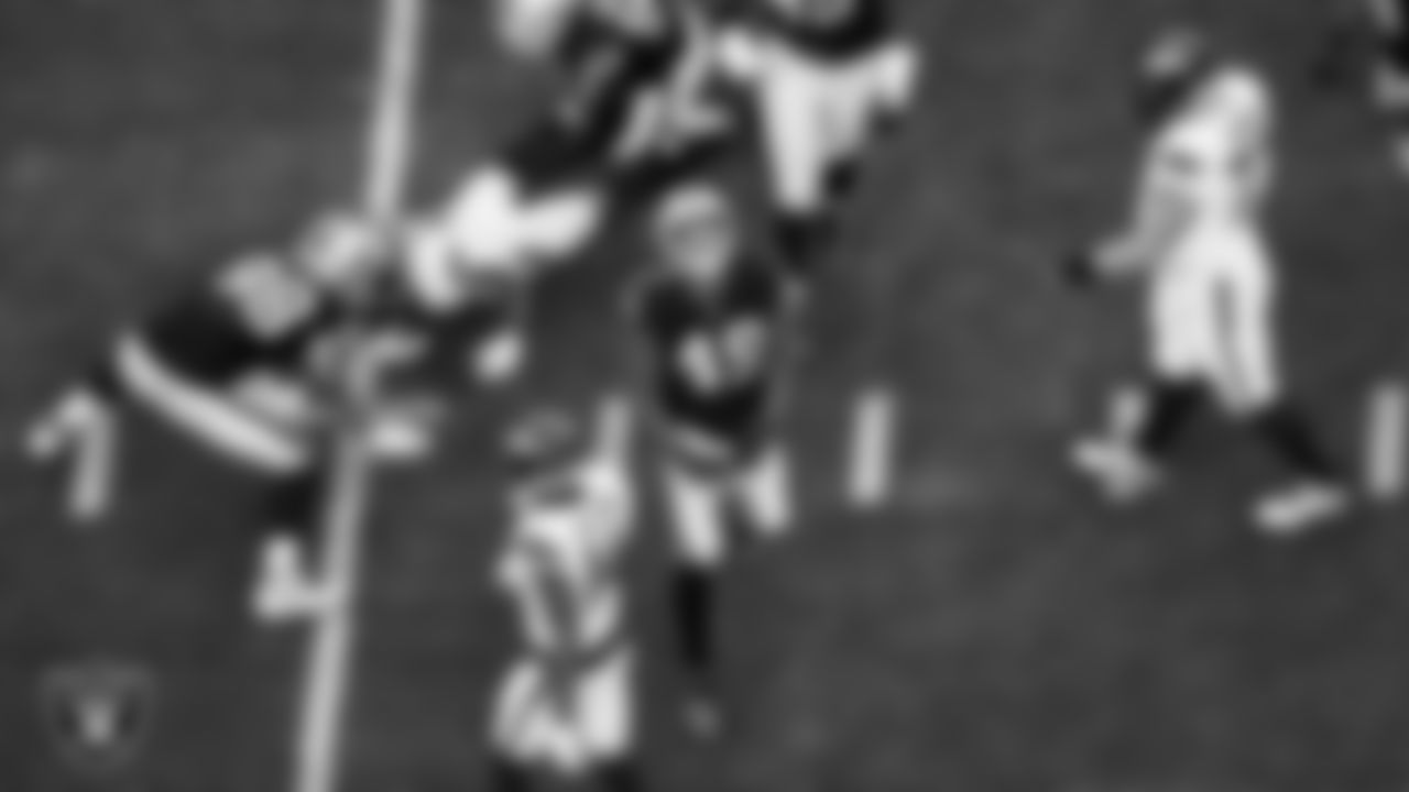 Las Vegas Raiders defensive end Charles Snowden (49) celebrates after making a tackle during the regular season home game against the Denver Broncos at Allegiant Stadium.