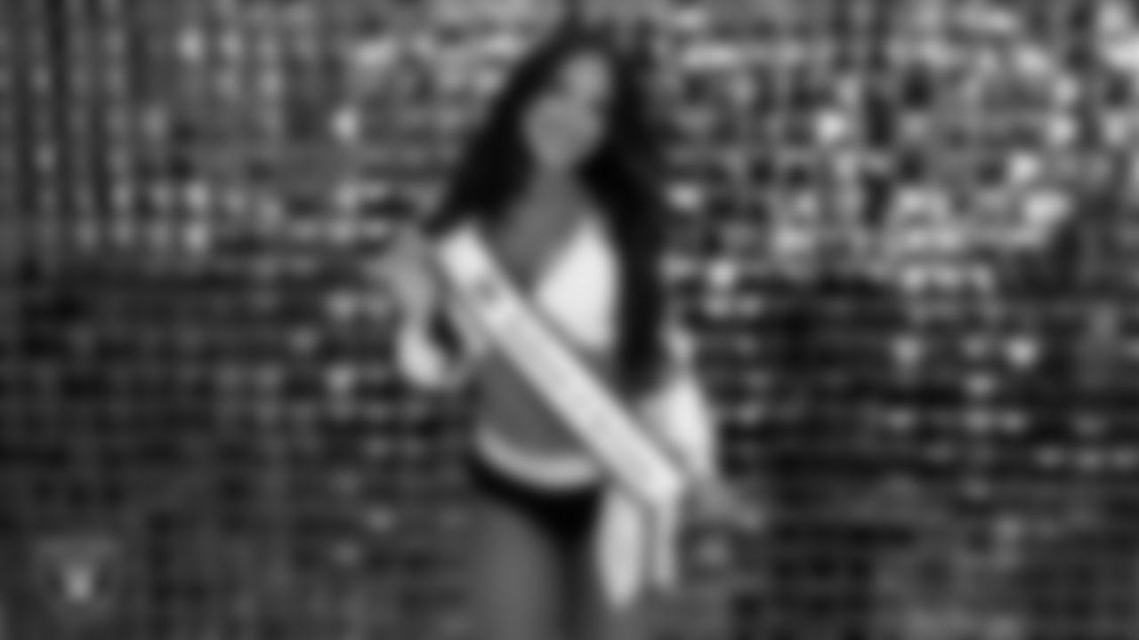 Raiderette Cheyanne is named Raiderette of the Game in the locker room before the regular season home game against the Los Angeles Chargers at Allegiant Stadium.