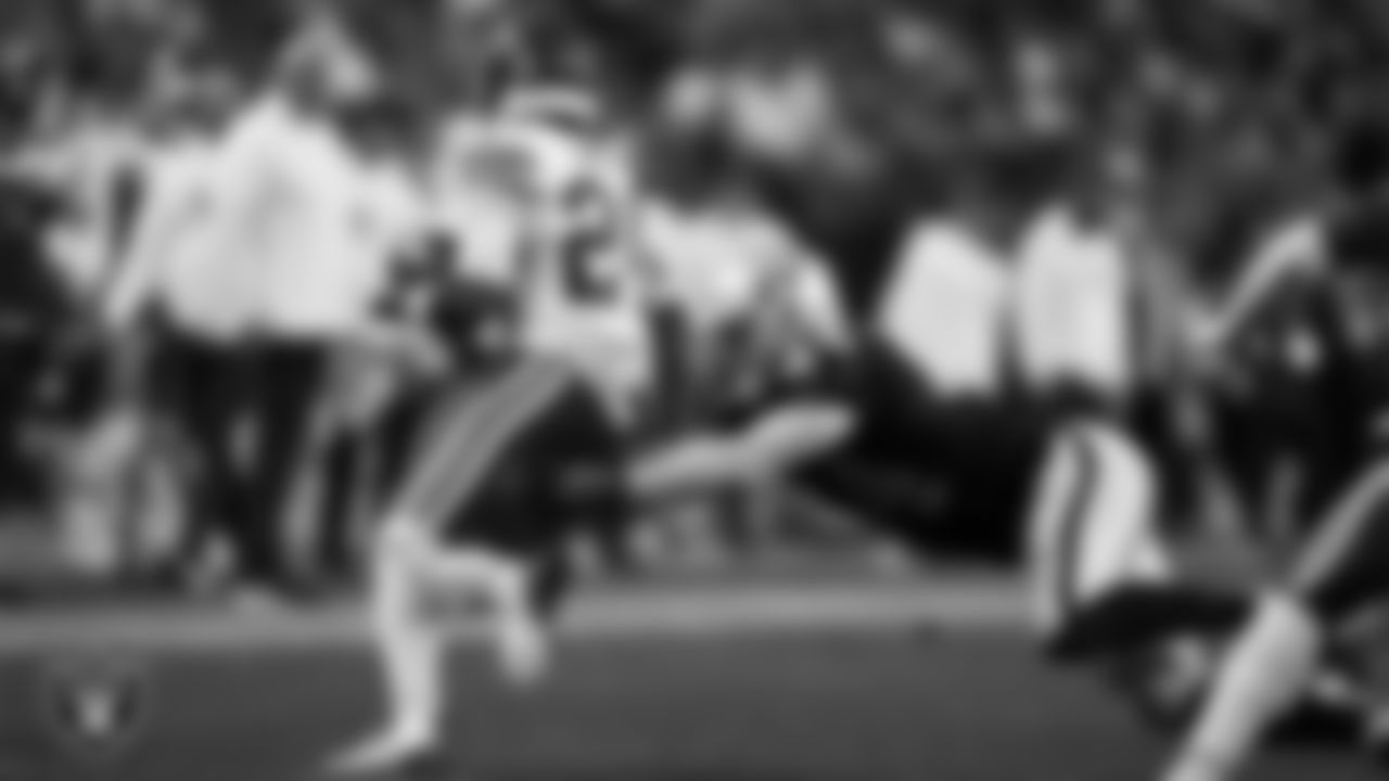 Las Vegas Raiders linebacker Tommy Eichenberg (44) goes to make a tackle during the regular season home game against the Kansas City Chiefs at Allegiant Stadium.