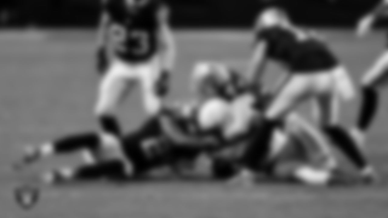 Las Vegas Raiders cornerback Decamerion Richardson (25) and linebacker Tommy Eichenberg (44) during the regular season home game against the Cleveland Browns at Allegiant Stadium.