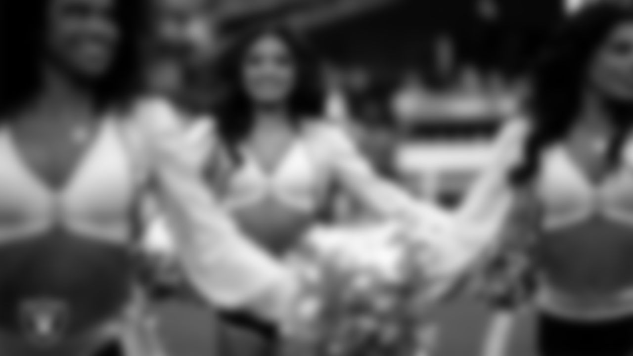 Raiderette Sloane performs on the field before the regular season home game against the Cleveland Browns at Allegiant Stadium.