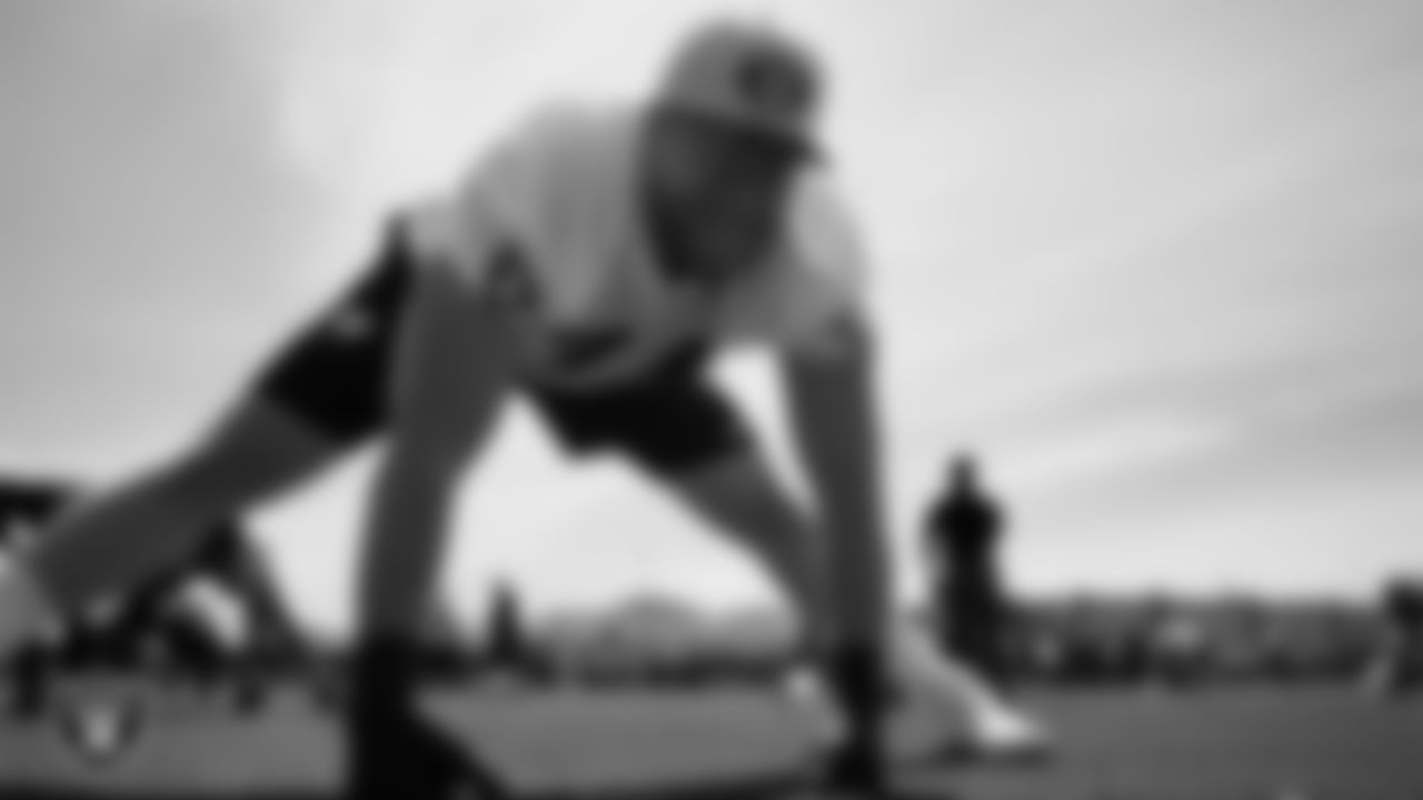 Las Vegas Raiders tackle Kolton Miller (74) at a workout during phase two of the offseason program at Intermountain Health Performance Center.