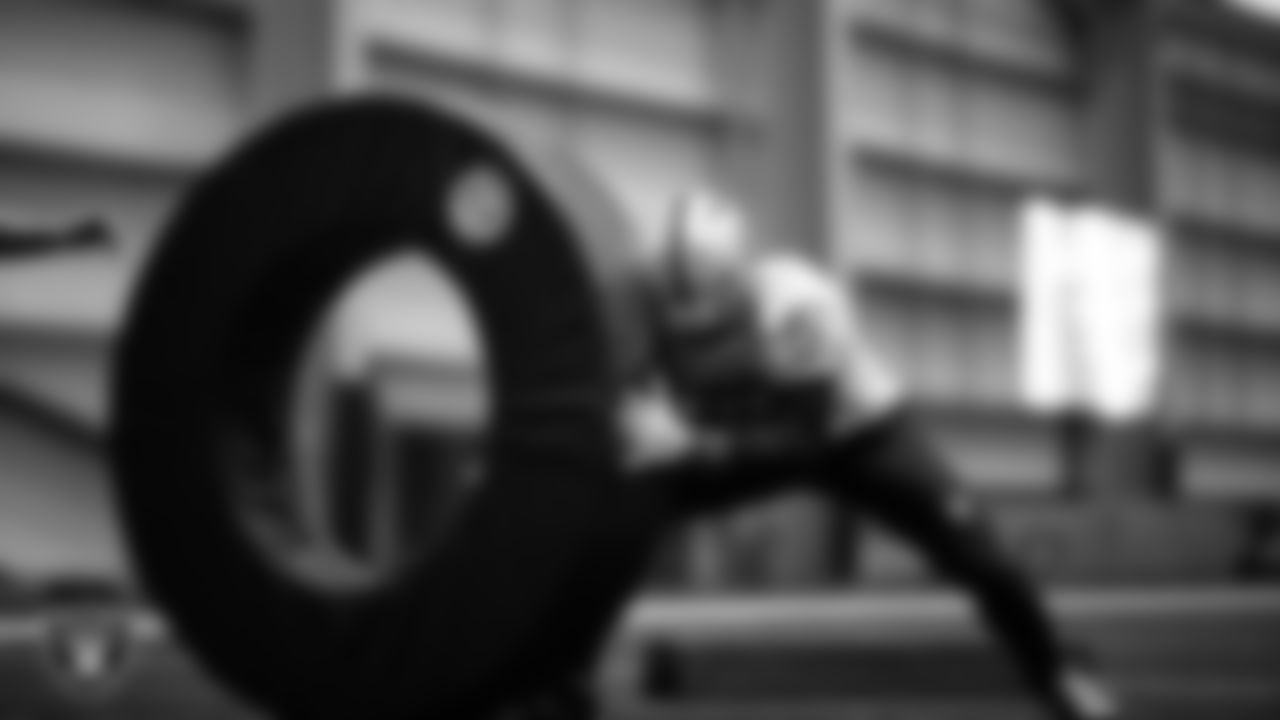 Las Vegas Raiders linebacker Jon Rhattigan (59) during practice at Intermountain Health Performance Center.