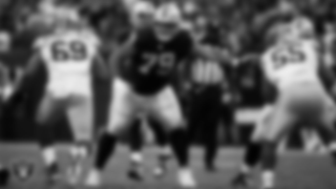 Las Vegas Raiders offensive lineman Laki Tasi (79) blocks during the preseason home game against the San Francisco 49ers at Allegiant Stadium.
