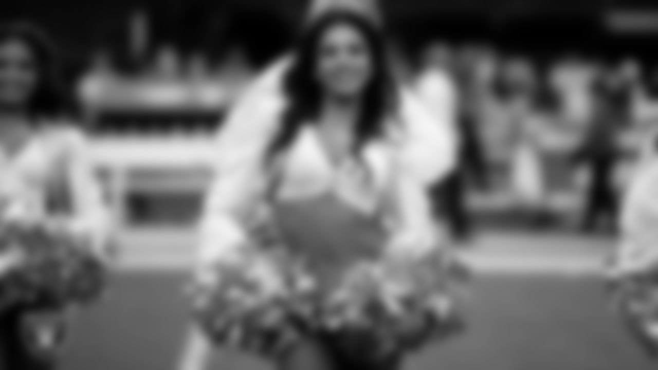 Raiderette Annalise performs on the field before the regular season home game against the Cleveland Browns at Allegiant Stadium.