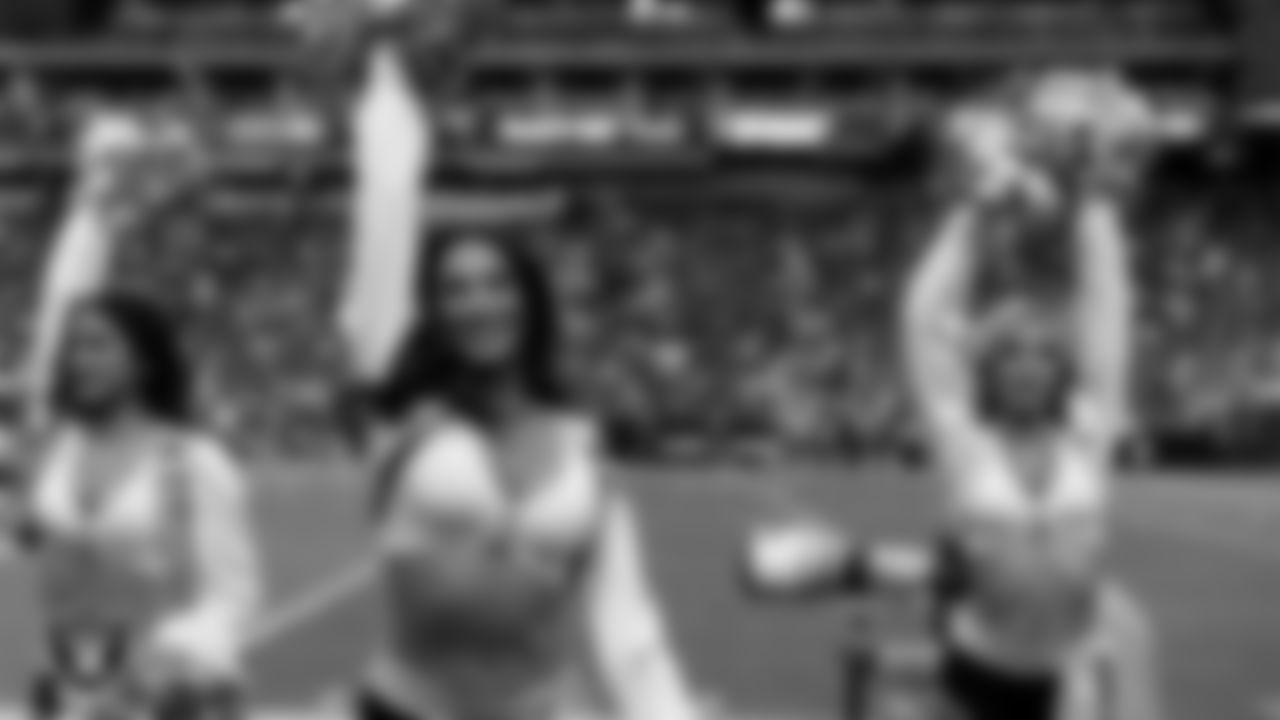 Raiderette Cheyanne on the sidelines during the regular season home game against the Jacksonville Jaguars at Allegiant Stadium.