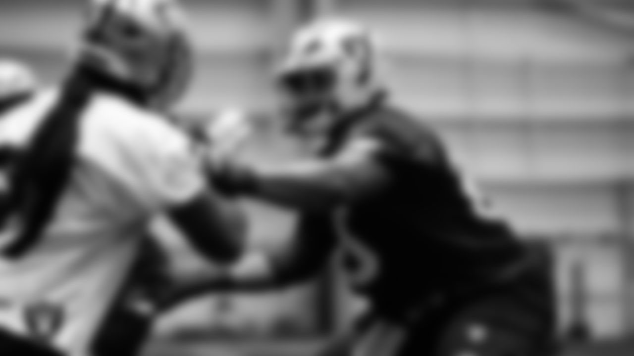 Las Vegas Raiders tackle Charles Grant (60) during practice at Intermountain Health Performance Center.