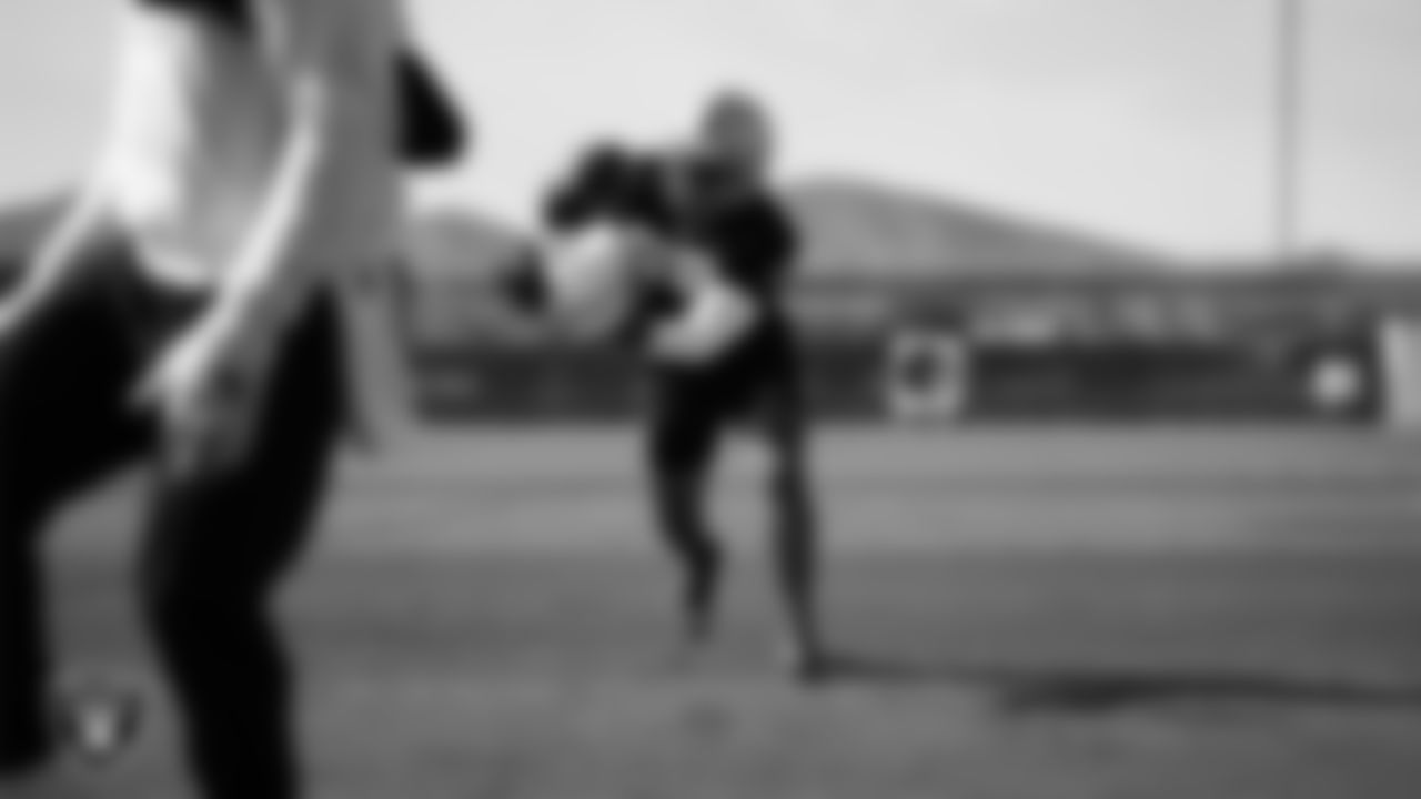 Las Vegas Raiders linebacker Elandon Roberts (52) on the field for practice at 2025 Training Camp at Intermountain Health Performance Center.