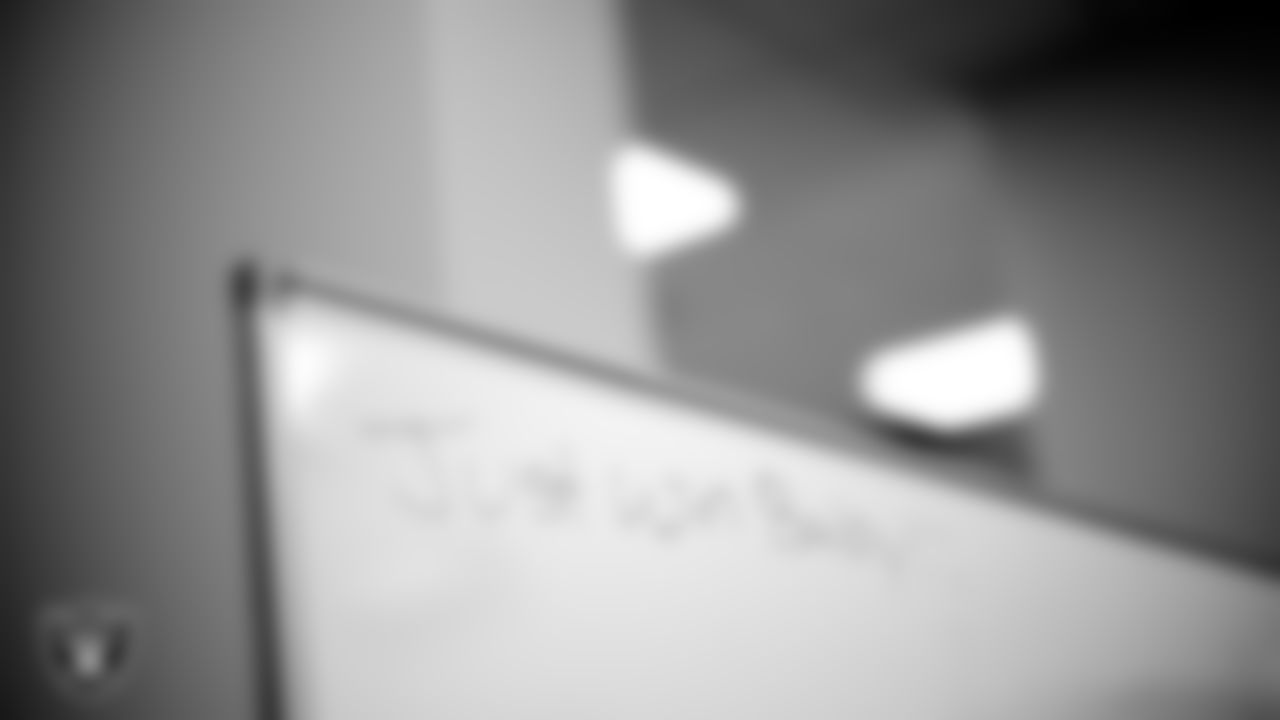 A white board in the locker room prior to the Las Vegas Raiders' arrival for their regular season home game against the Denver Broncos at Allegiant Stadium.