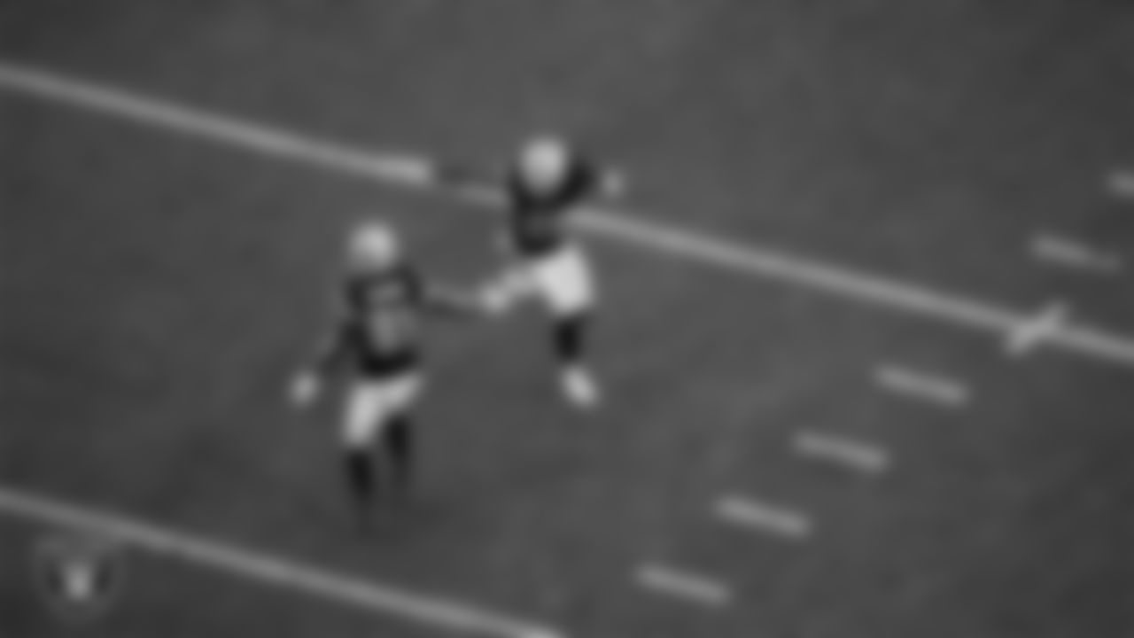 Las Vegas Raiders wide receiver Alex Bachman (81) celebrates with wide receiver Justin Shorter (88) after returning a punt during the regular season home game against the Tennessee Titans at Allegiant Stadium.