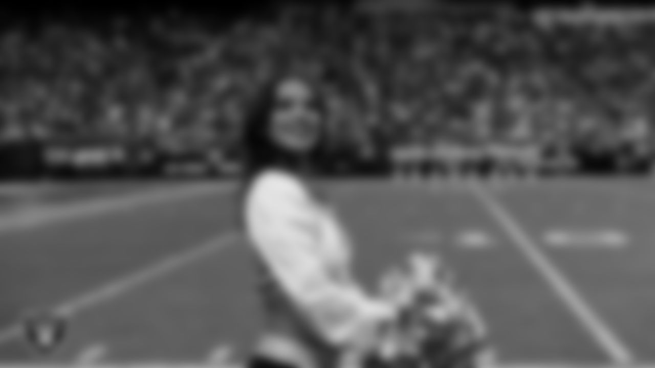 Raiderette Reagan on the sidelines during the regular season home game against the Jacksonville Jaguars at Allegiant Stadium.