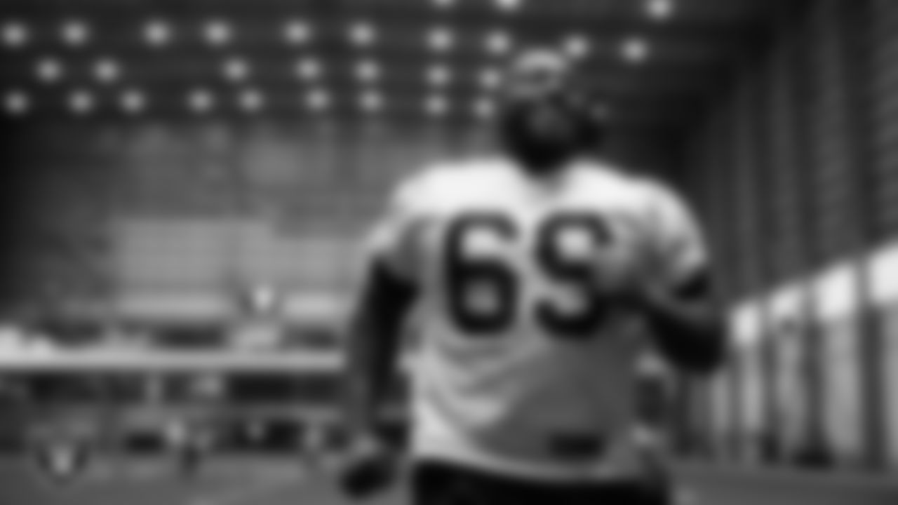 Las Vegas Raiders defensive tackle Adam Butler (69) during practice at Intermountain Health Performance Center.