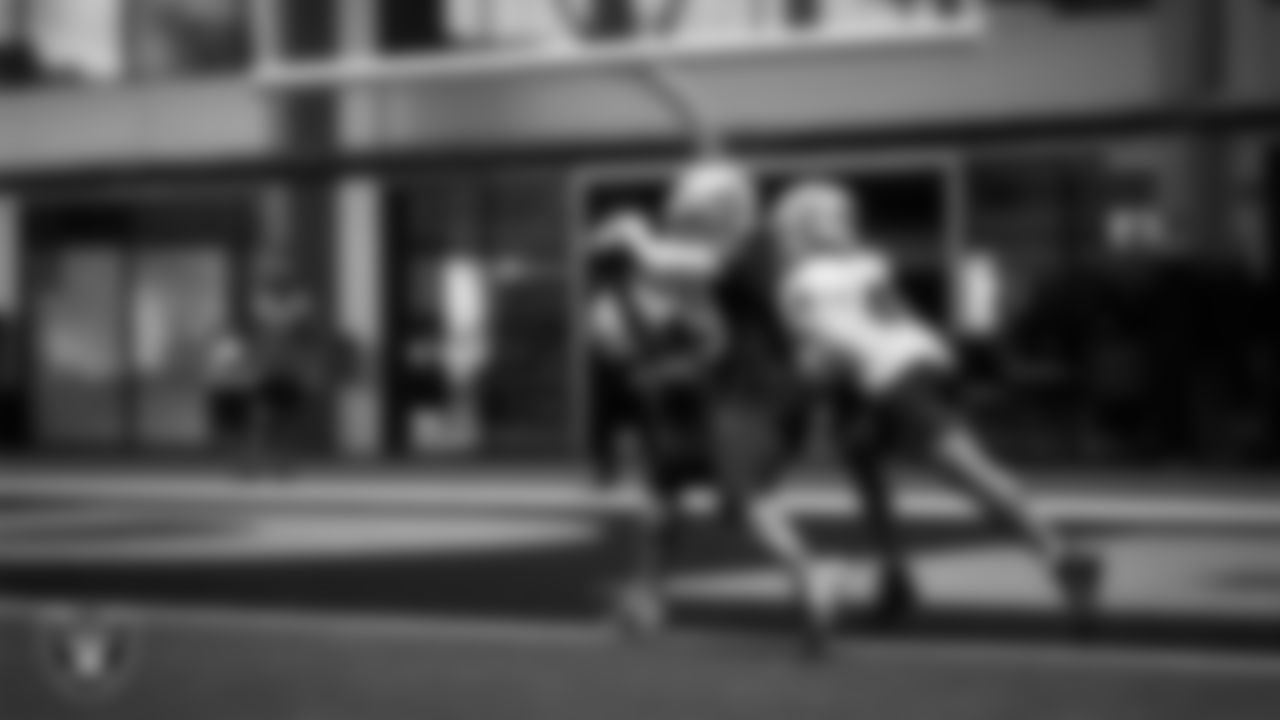 Las Vegas Raiders wide receiver DJ Turner (19) and cornerback Greedy Vance (41) during practice at Intermountain Health Performance Center.