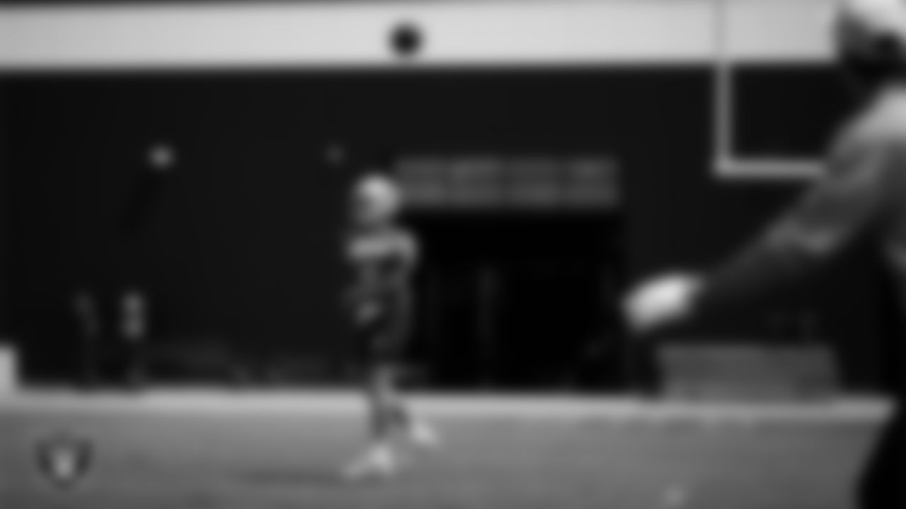 Las Vegas Raiders quarterback Cam Miller (5) at an Organized Team Activity (OTA) at Intermountain Health Performance Center.