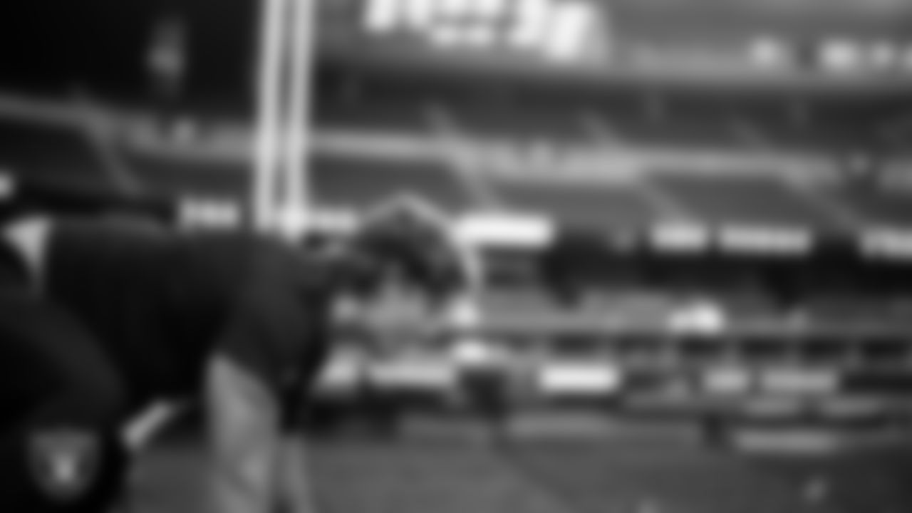 Las Vegas Raiders wide receiver Dax Milne (35) warming up before the preseason home game against the San Francisco 49ers at Allegiant Stadium.