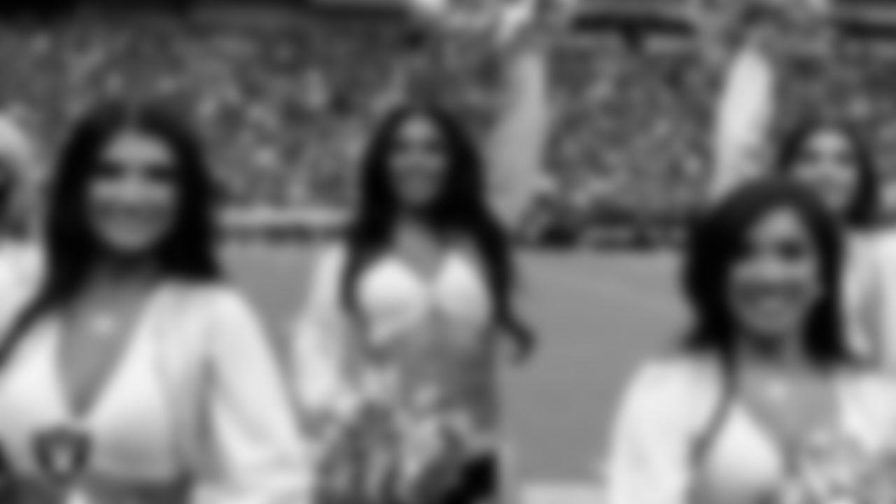 Raiderette Cierra on the sidelines during the preseason home game against the San Francisco 49ers at Allegiant Stadium.