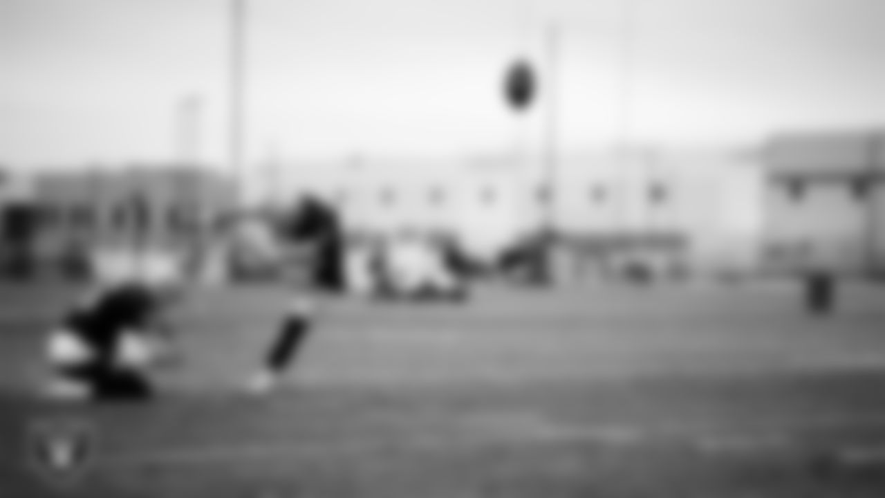 Las Vegas Raiders punter AJ Cole (6) and kicker Daniel Carlson (8) during practice at Intermountain Health Performance Center.