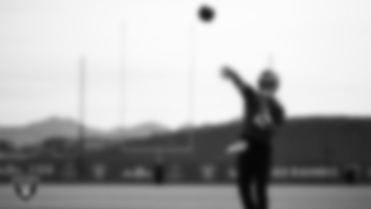 Las Vegas Raiders quarterback Aidan O'Connell (4) during practice at Intermountain Health Performance Center.