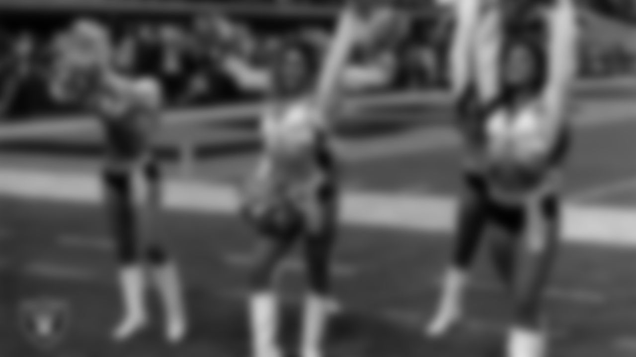 Raiderette Jenna on the sidelines during the regular season home game against the Jacksonville Jaguars at Allegiant Stadium.