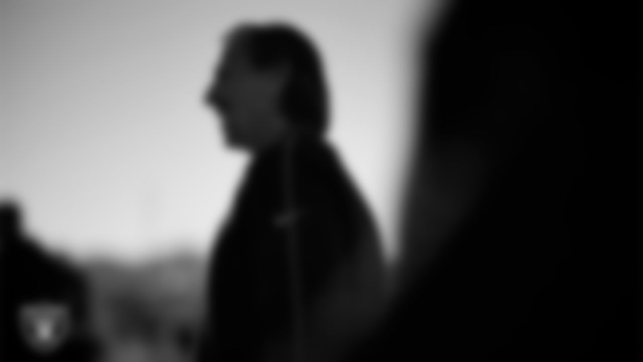 Las Vegas Raiders quarterbacks coach Greg Olson during practice at Intermountain Health Performance Center.