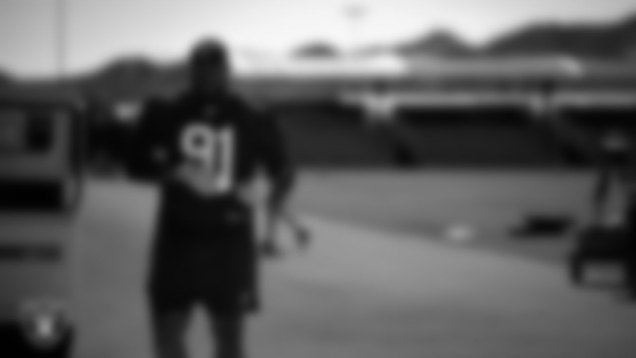 Las Vegas Raiders defensive tackle Matthew Butler (91) at a workout during phase two of the offseason program at Intermountain Health Performance Center.
