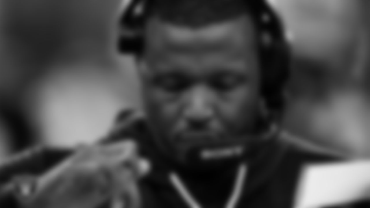 Las Vegas Raiders interim special teams coordinator Derius Swinton II on the sidelines during the regular season home game against the Cleveland Browns at Allegiant Stadium.