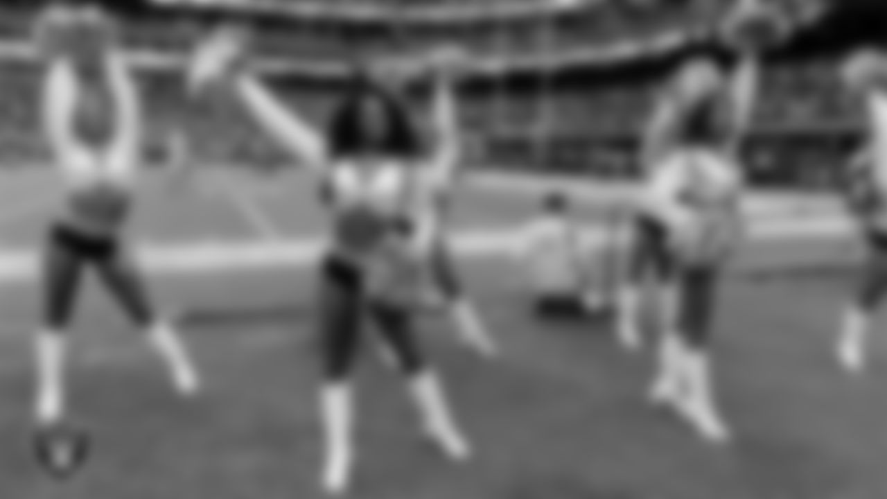 Raiderette Shayla on the sidelines during the preseason home game against the San Francisco 49ers at Allegiant Stadium.