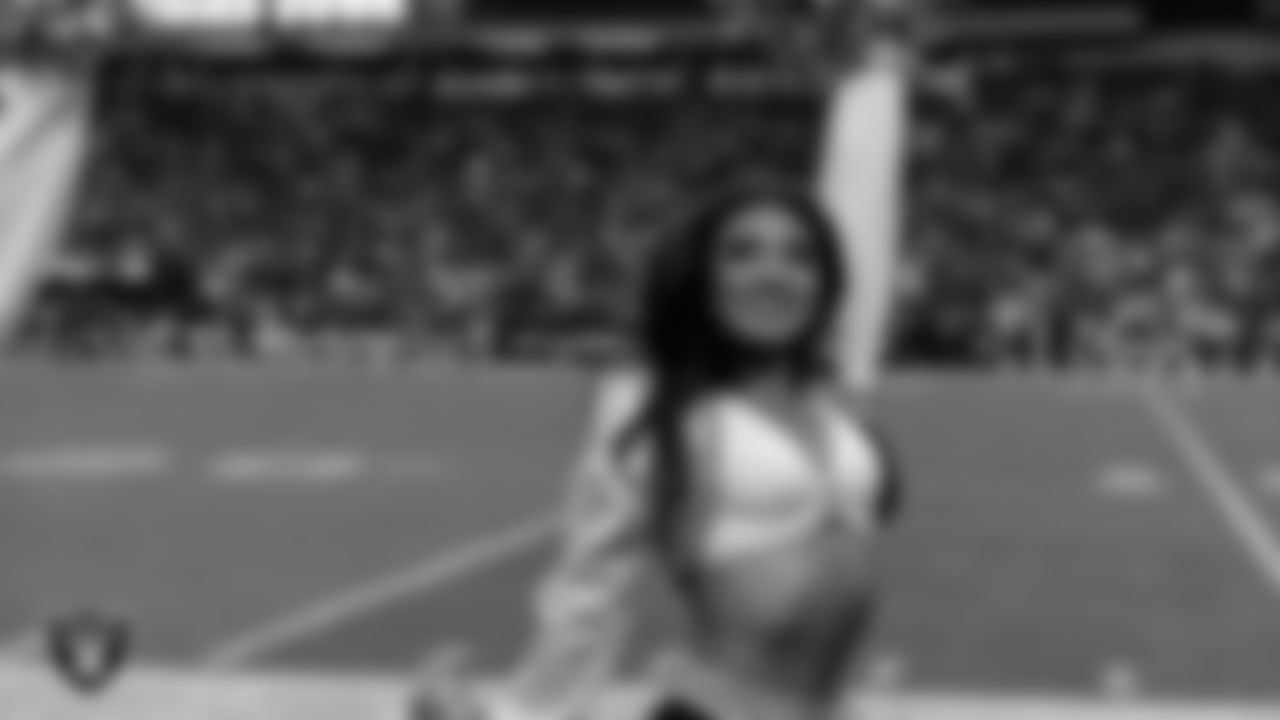 Raiderette Sloane on the sidelines during the regular season home game against the Jacksonville Jaguars at Allegiant Stadium.