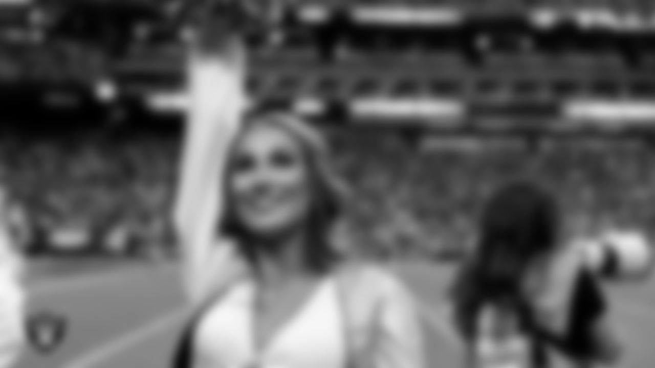 Raiderette Madisyn on the sidelines during the regular season home game against the Cleveland Browns at Allegiant Stadium.