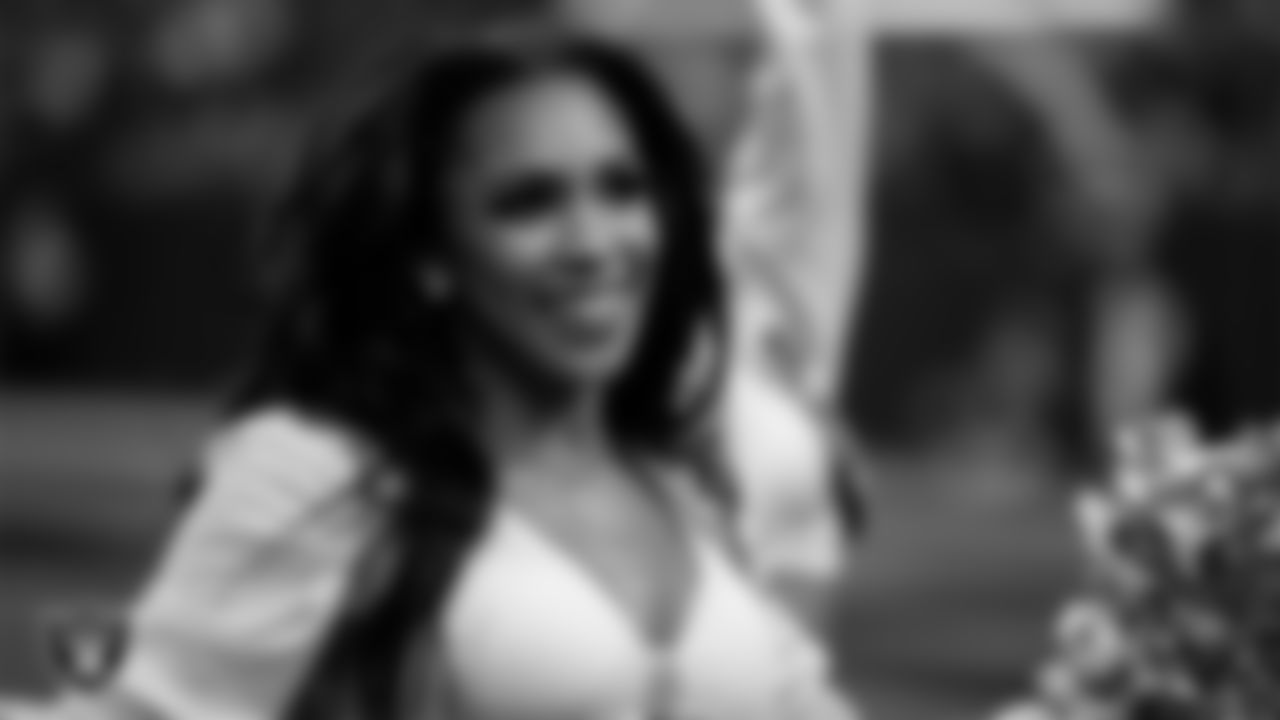 Raiderette Cierra on the sidelines during the regular season home game against the Jacksonville Jaguars at Allegiant Stadium.