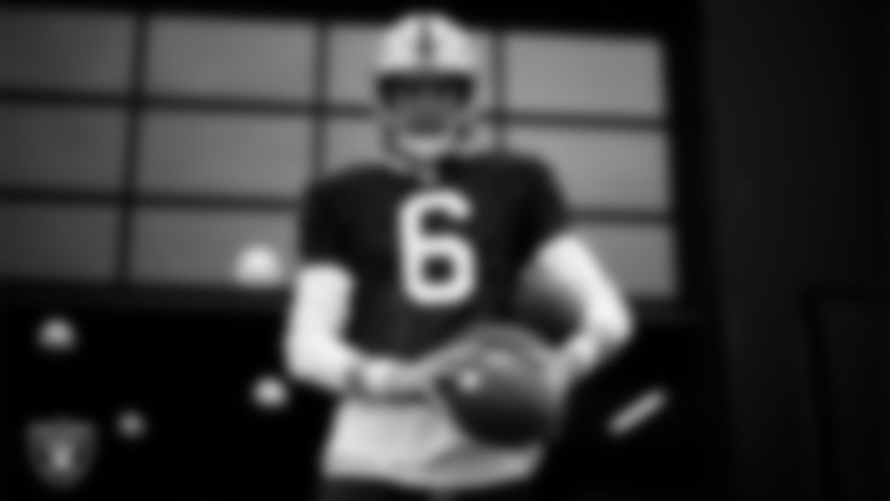 Las Vegas Raiders punter AJ Cole (6) walks out to the field for practice at Intermountain Health Performance Center.