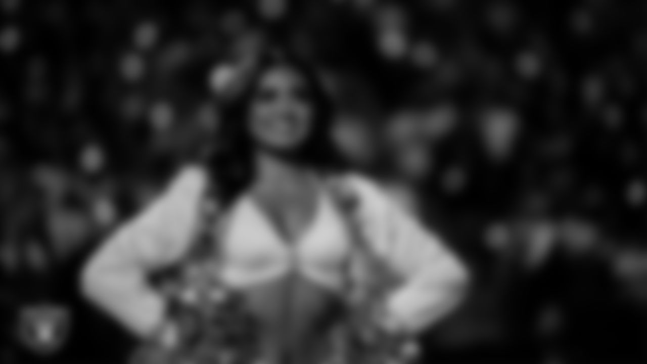 Raiderette Sloane during player introductions before the regular season home game against the Dallas Cowboys at Allegiant Stadium.