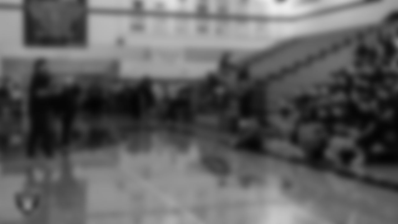 Las Vegas Raiders alumnus Robert Gallery speaks to the Spanish Springs High School football team at Spanish Springs High School.