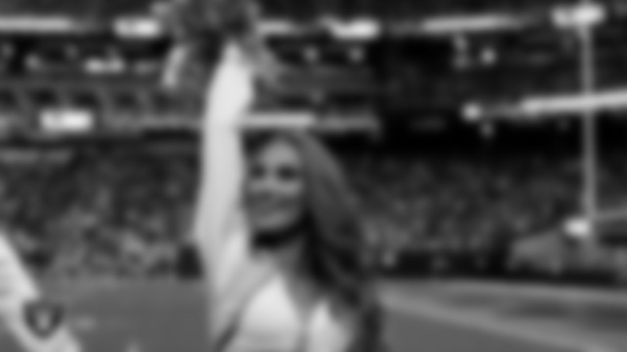 Raiderette Madisyn on the sidelines during the regular season home game against the Denver Broncos at Allegiant Stadium.