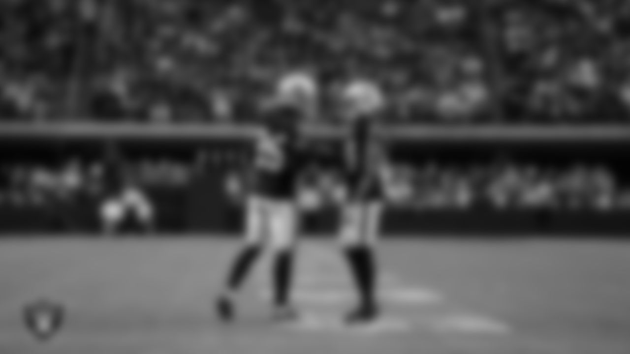 Las Vegas Raiders safety Tre'von Moehrig (25) and cornerback Marcus Peters (24) during the regular season home game against the New York Giants at Allegiant Stadium.