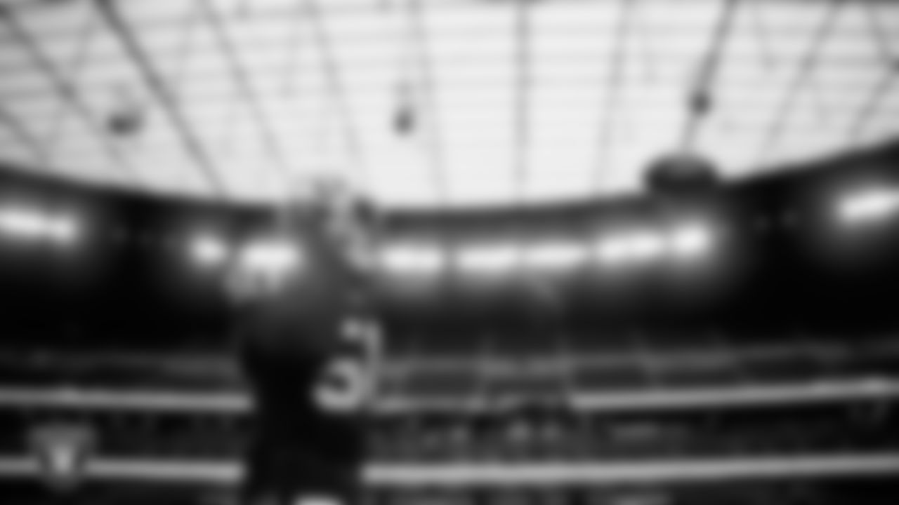 Las Vegas Raiders long snapper Jacob Bobenmoyer (50) warming up before the regular season home game against the New York Giants at Allegiant Stadium.