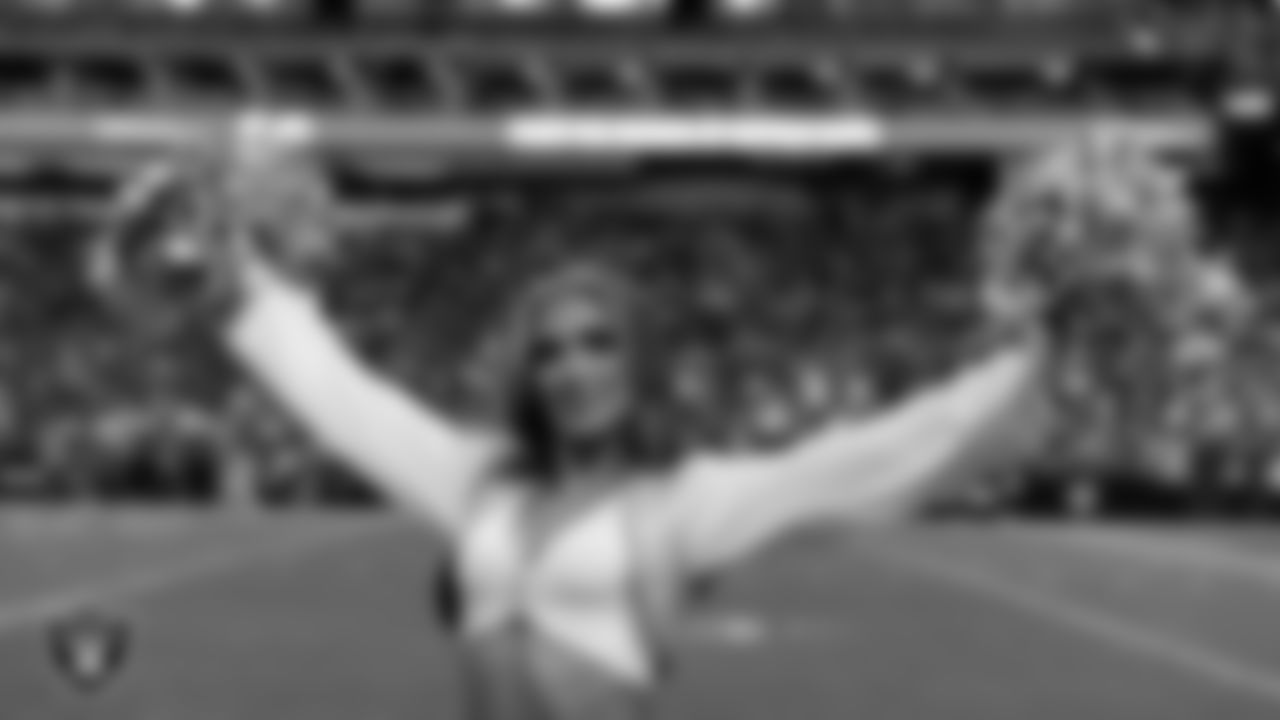 Raiderette Shelby on the sidelines during the regular season home game against the Denver Broncos at Allegiant Stadium.