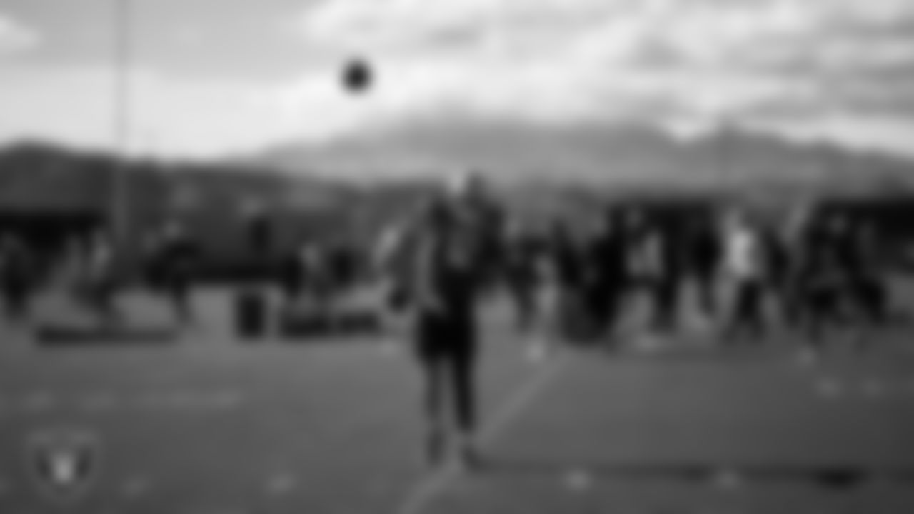 Las Vegas Raiders quarterback Aidan O'Connell (12) during practice at Intermountain Health Performance Center.