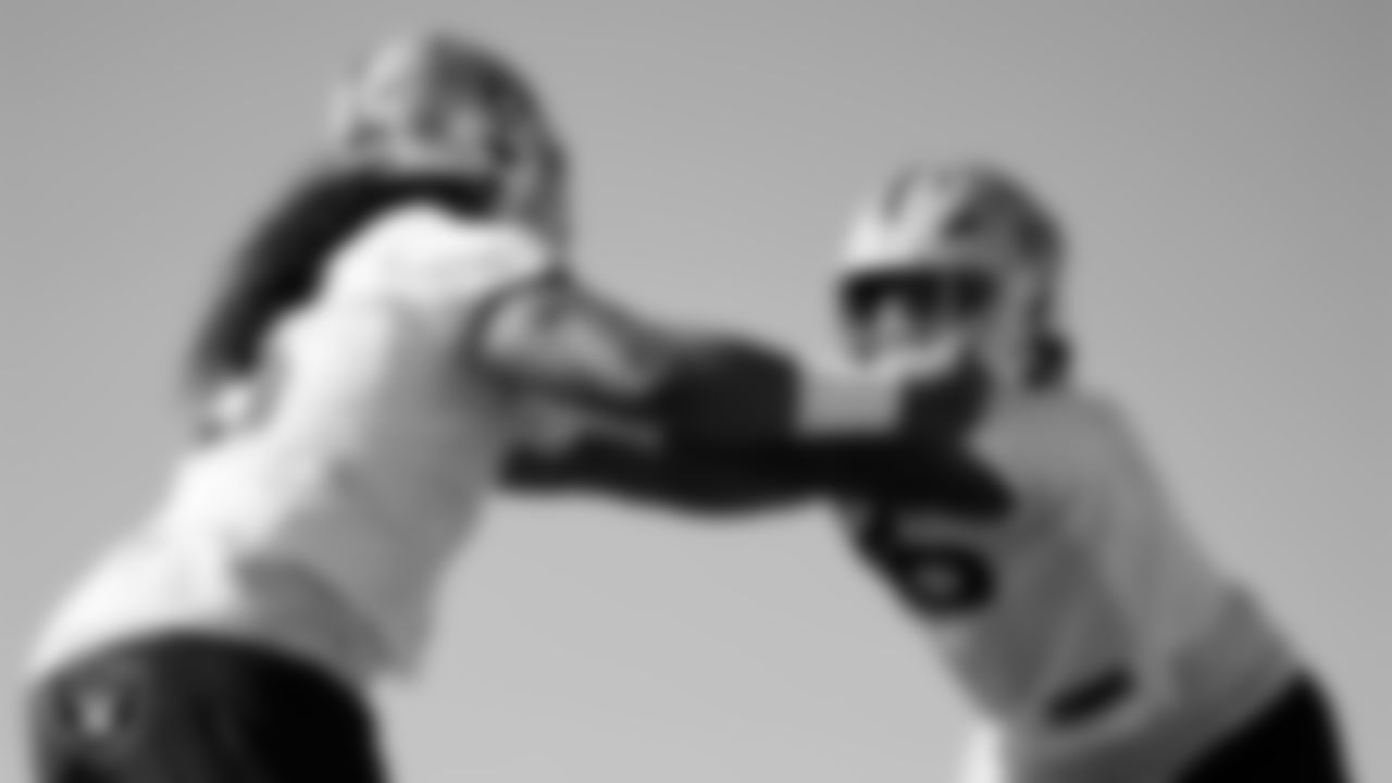 Las Vegas Raiders defensive tackle Leki Fotu (95) and defensive tackle Jonah Laulu (96) during practice at Intermountain Health Performance Center.