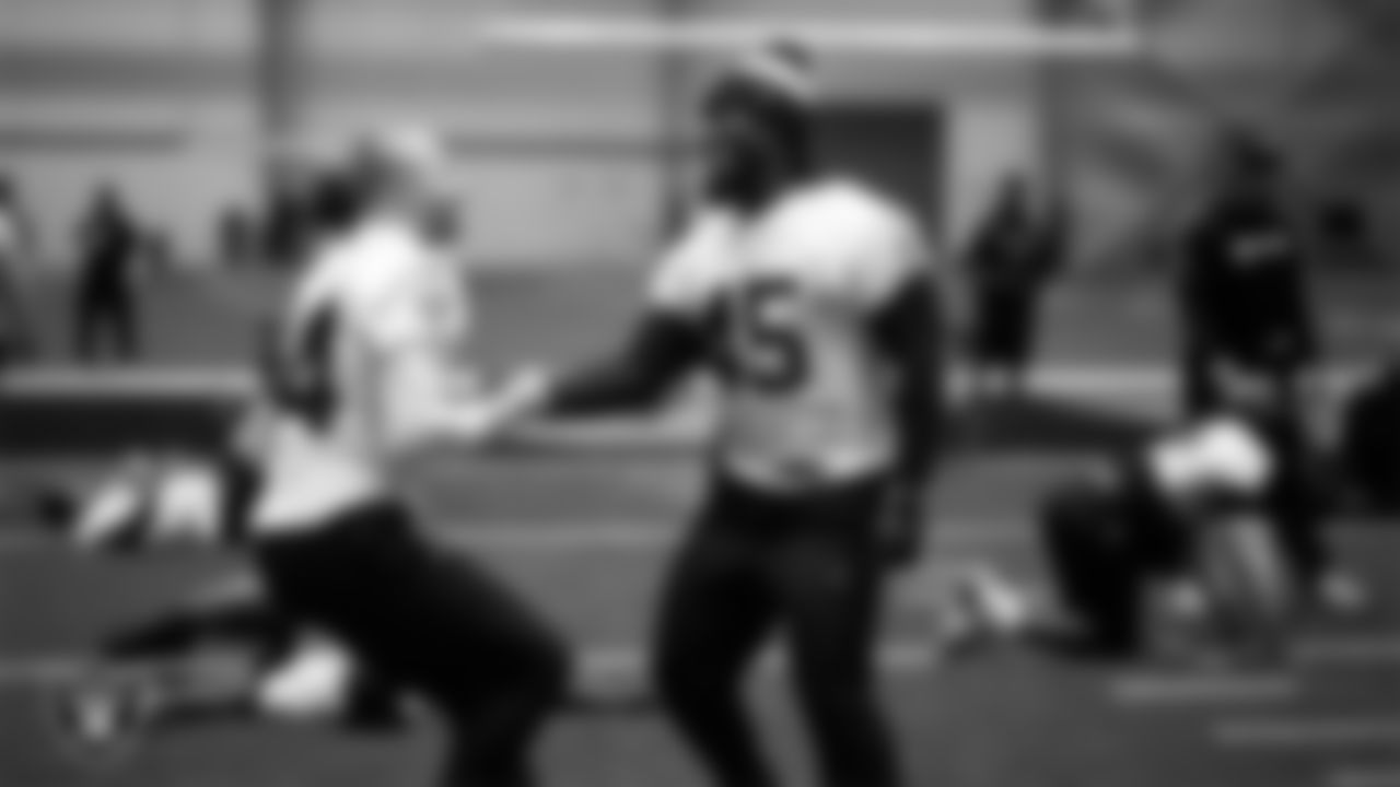 Las Vegas Raiders linebacker Tommy Eichenberg (44) and linebacker Devin White (45) during practice at Intermountain Health Performance Center.