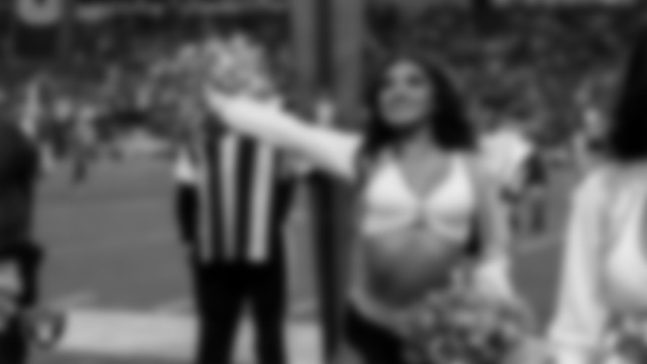 Raiderette Sloane on the sidelines during the regular season home game against the Denver Broncos at Allegiant Stadium.