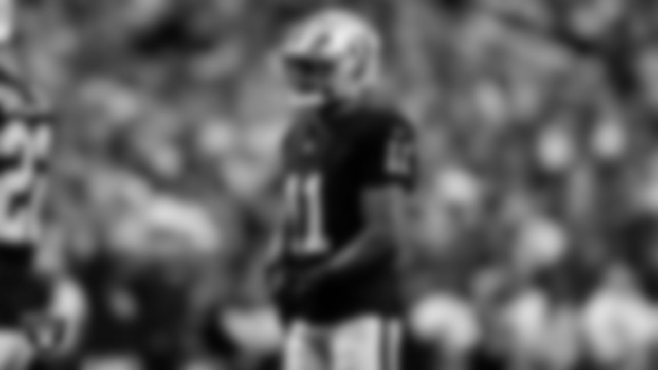 Las Vegas Raiders safety Jeremy Chinn (11) during the regular season home game against the Denver Broncos at Allegiant Stadium.