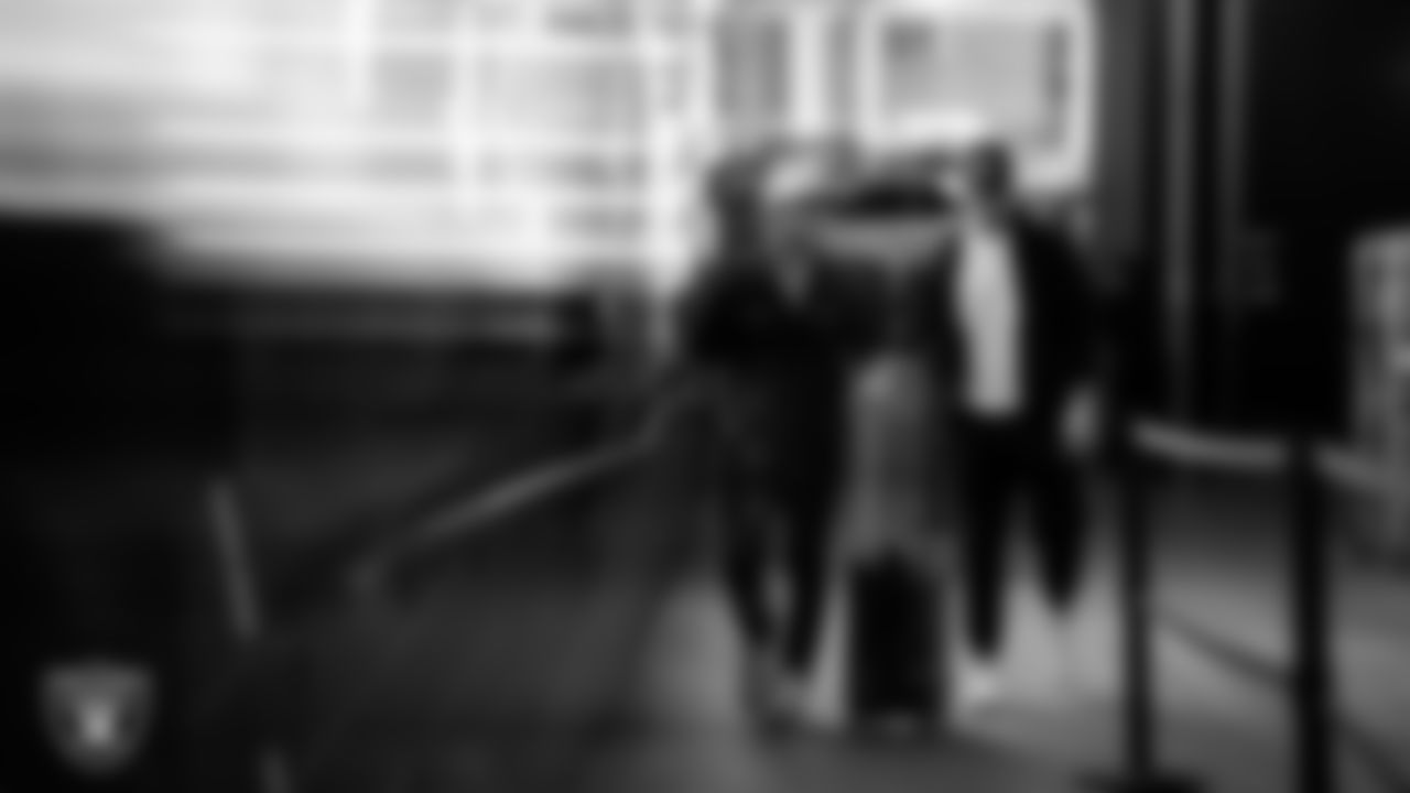 Las Vegas Raiders running back Dylan Laube (23) and quarterback Kenny Pickett (15) arrive to the regular season home game against the Cleveland Browns at Allegiant Stadium.