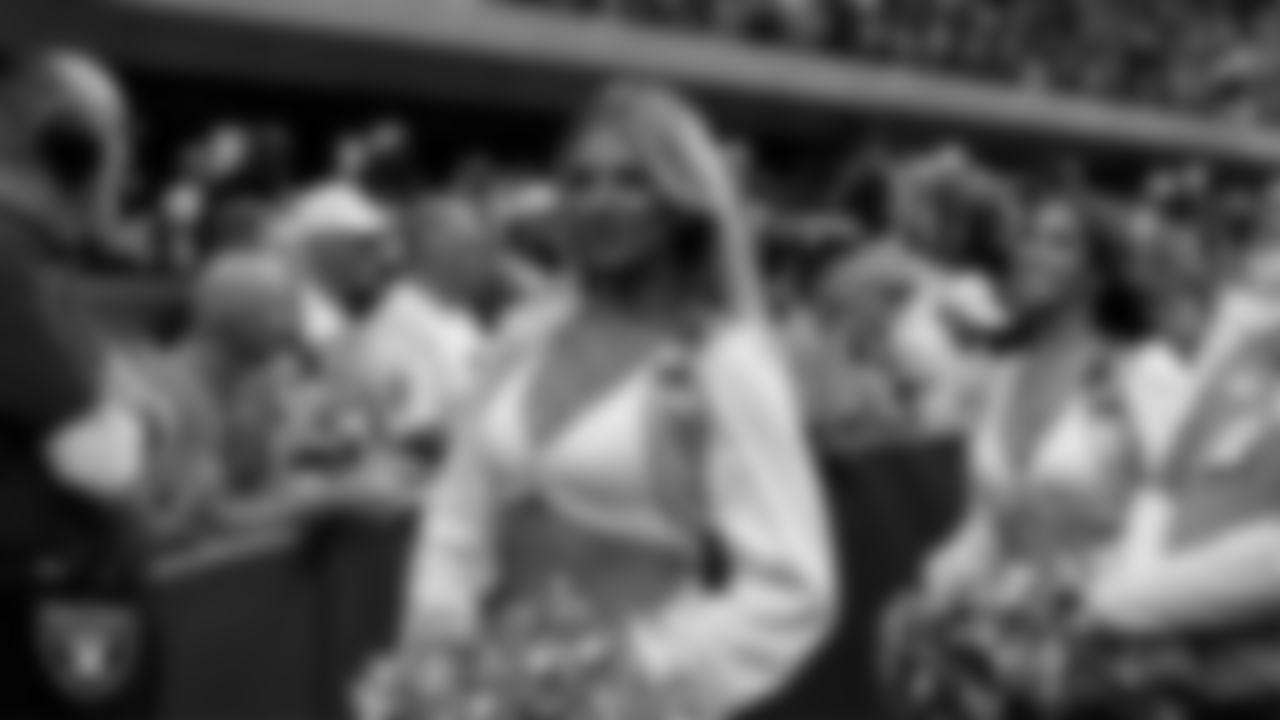 Raiderette Cori on the sidelines during the regular season home game against the Jacksonville Jaguars at Allegiant Stadium.