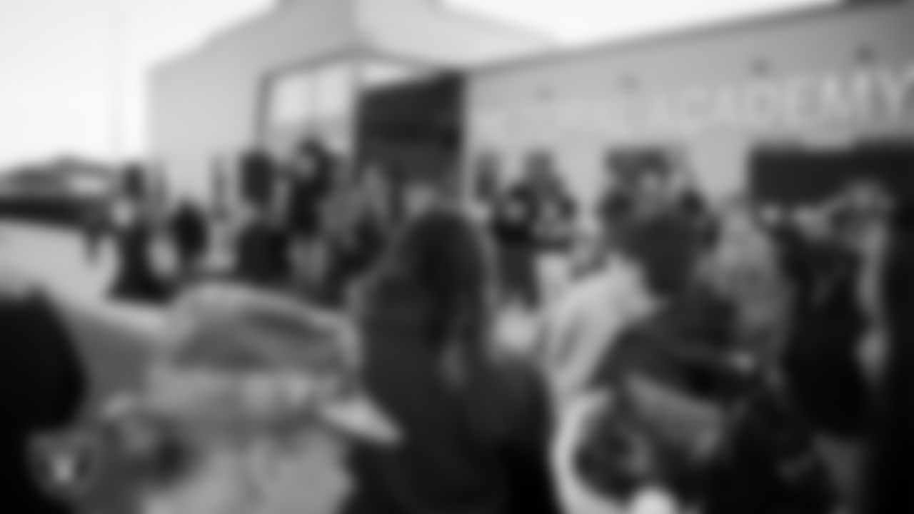 Las Vegas Raiders tackle Dalton Wagner (78) speaks during the Raiders Holiday Salute at Nellis Air Force Base - Coral Academy.