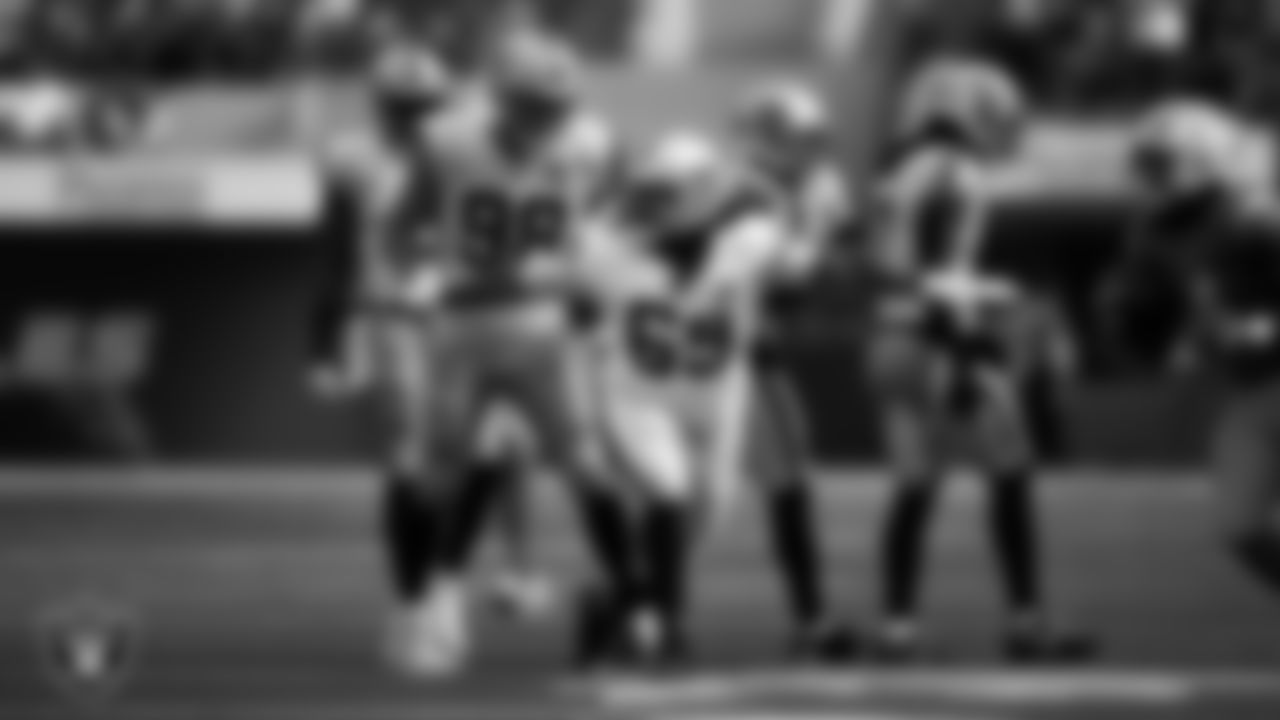 Las Vegas Raiders defensive lineman Adam Butler (69) celebrates after making a tackle during the regular season away game against the Los Angeles Chargers at SoFi Stadium, Sunday, September 8, 2024, in Inglewood, Calif.