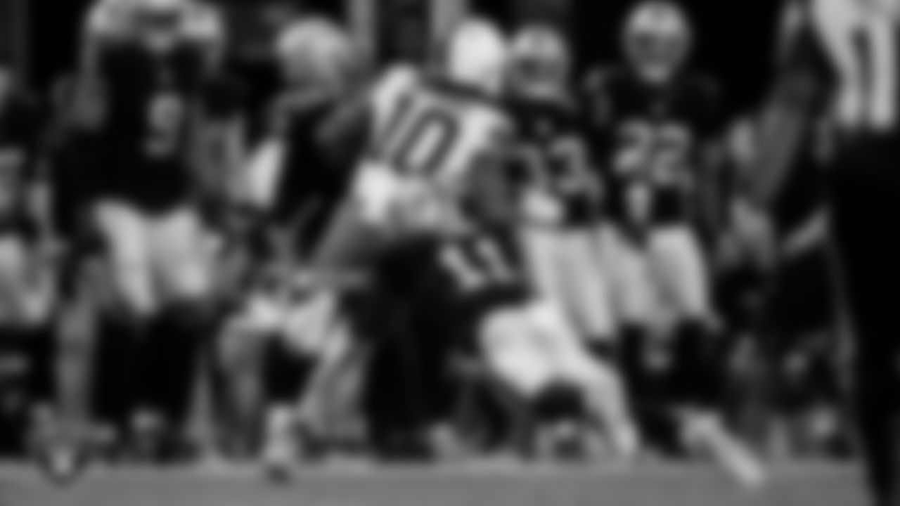 Las Vegas Raiders safety Jeremy Chinn (11) during the regular season home game against the Cleveland Browns at Allegiant Stadium.