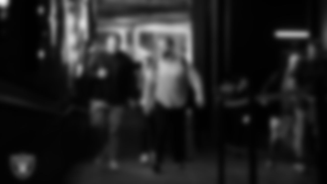 Las Vegas Raiders center Will Putnam (67) and center/guard Jordan Meredith (61) arrive to the regular season home game against the Dallas Cowboys at Allegiant Stadium.