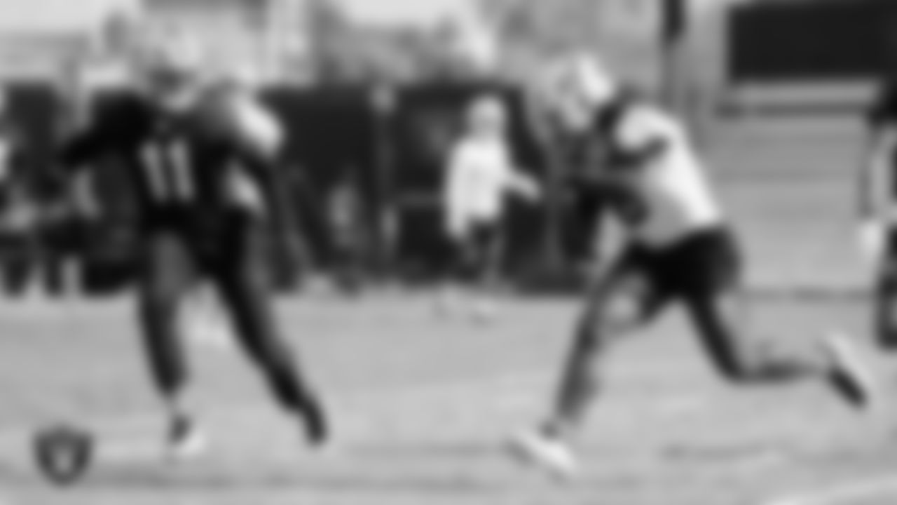 Las Vegas Raiders safety Jeremy Chinn (11) and running back Ashton Jeanty (2) during practice at Intermountain Health Performance Center.