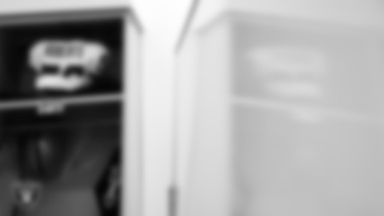 Las Vegas Raiders linebacker Elandon Roberts' (52) pads in the locker room prior to the Raiders' arrival for their regular season away game against the Los Angeles Chargers at SoFi Stadium.